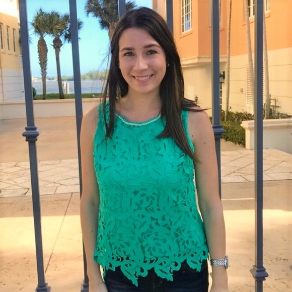 Soieblu - Jade Color Cut Out Lace Overlay Tank Top - Picture 6 of 6